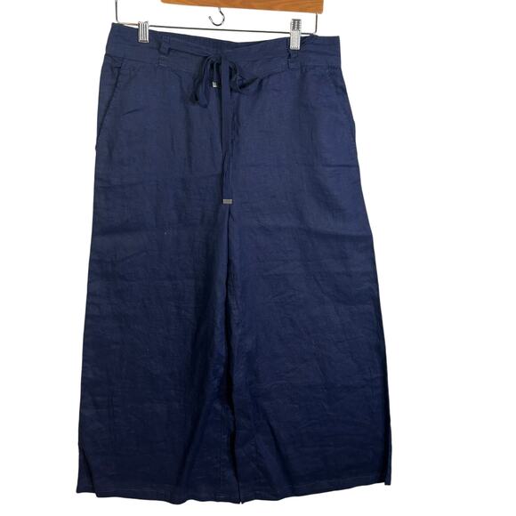 H Halston Size L Wide Leg Pants Navy Blue 100% Linen Belted Beachy Boho - Picture 1 of 8
